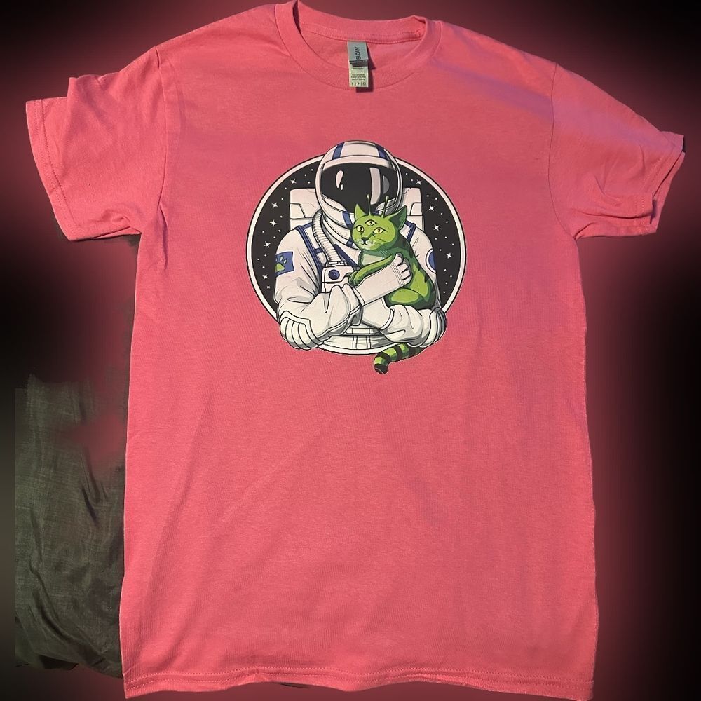 New Short Sleeve T-Shirt Cat Feline Outer Space Pink Green Cotton Soft Fabric